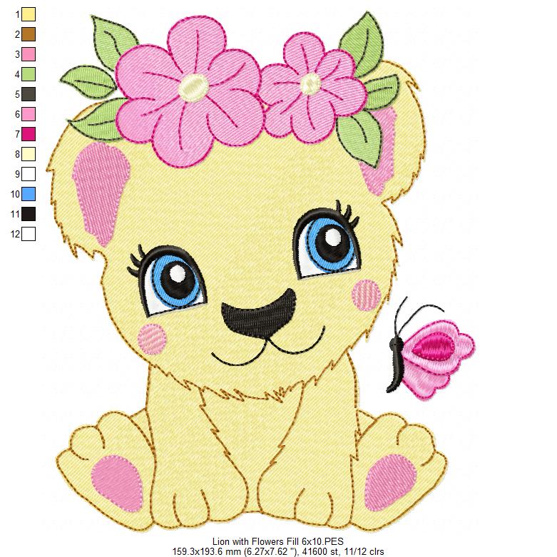 Lion Girl with Flowers - Fill Stitch