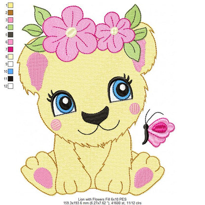 Lion Girl with Flowers - Applique & Fill Stitch - Set of 2 designs