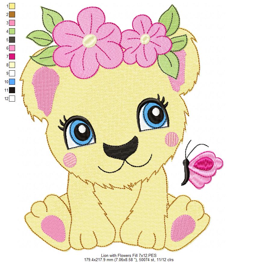 Lion Girl with Flowers - Applique & Fill Stitch - Set of 2 designs