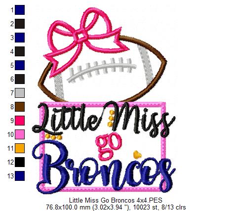 Little Miss Go Broncos – Appliqué – Machine Embroidery Design