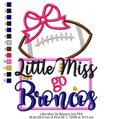 Little Miss Go Broncos – Appliqué – Machine Embroidery Design