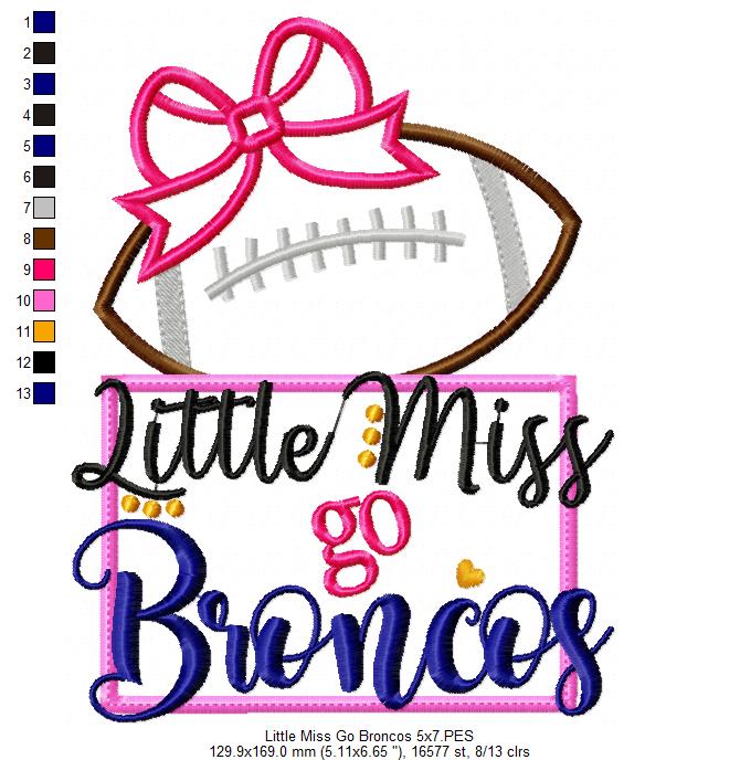 Little Miss Go Broncos – Appliqué – Machine Embroidery Design