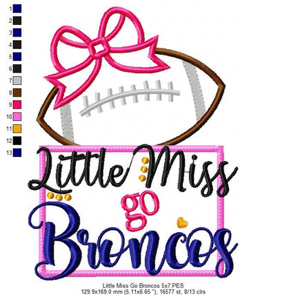 Little Miss Go Broncos – Appliqué – Machine Embroidery Design