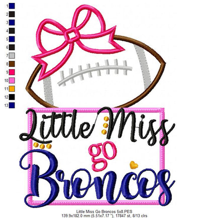 Little Miss Go Broncos – Appliqué – Machine Embroidery Design