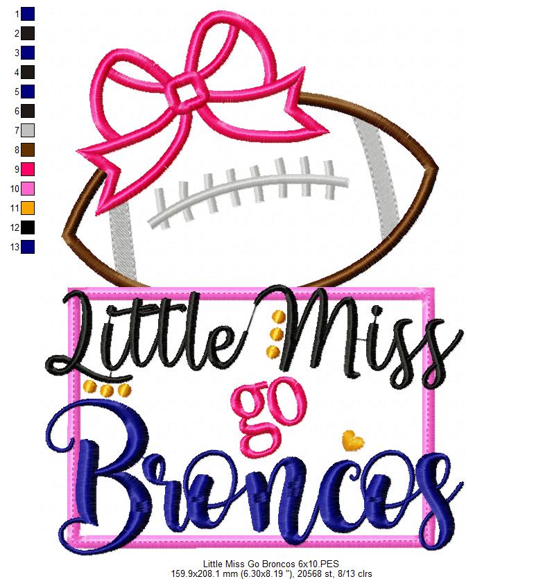 Little Miss Go Broncos – Appliqué – Machine Embroidery Design
