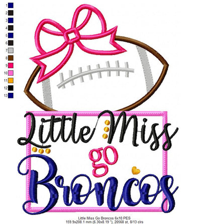 Little Miss Go Broncos – Appliqué – Machine Embroidery Design