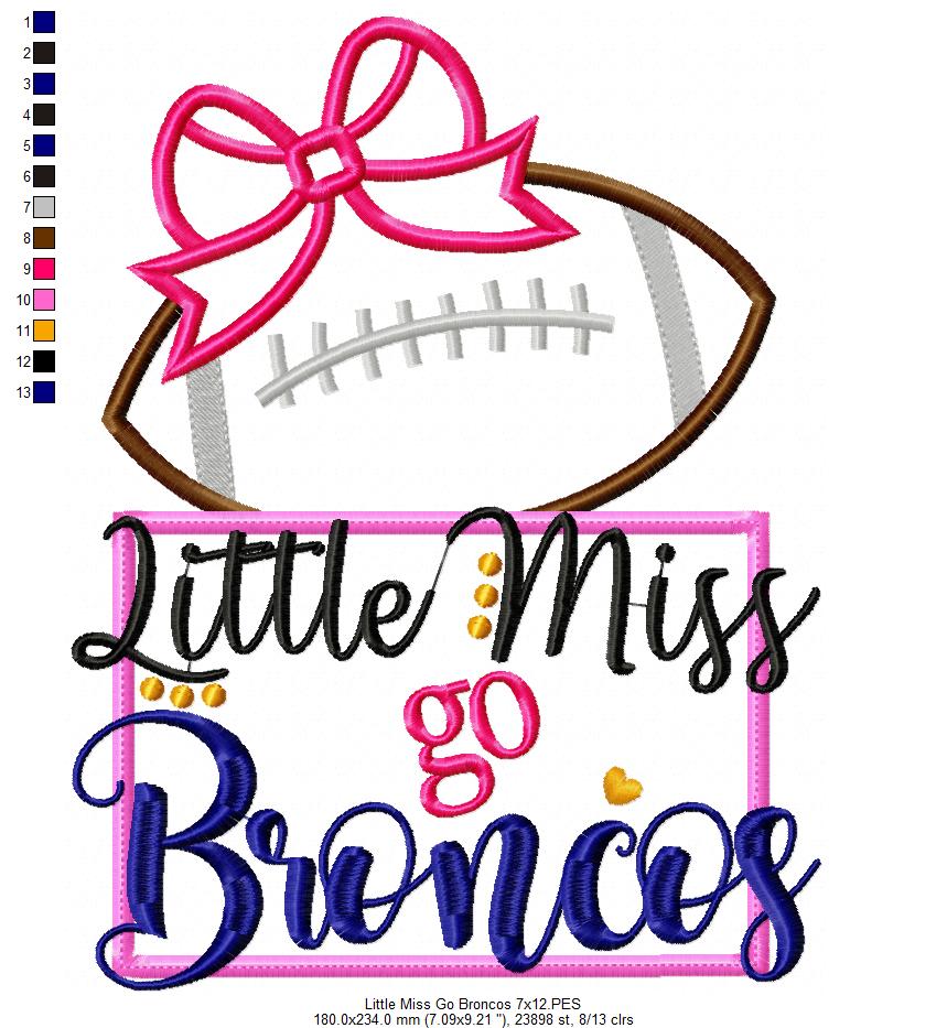 Little Miss Go Broncos – Appliqué – Machine Embroidery Design