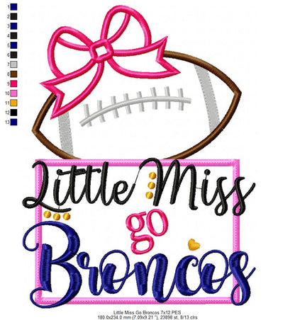 Little Miss Go Broncos – Appliqué – Machine Embroidery Design