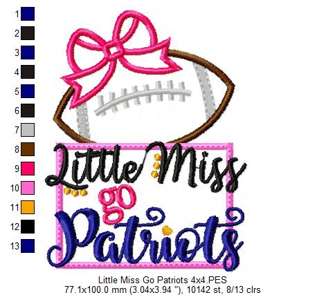 Little Miss Go Patriots Football – Appliqué – Machine Embroidery Design