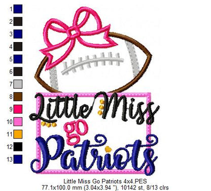 Little Miss Go Patriots Football – Appliqué – Machine Embroidery Design