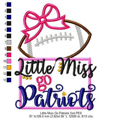 Little Miss Go Patriots Football – Appliqué – Machine Embroidery Design