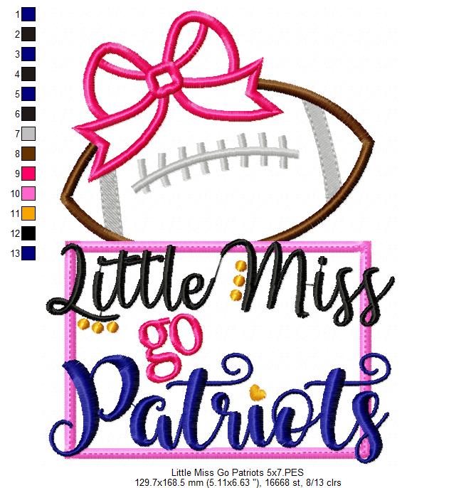 Little Miss Go Patriots Football – Appliqué – Machine Embroidery Design