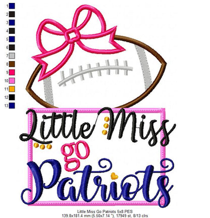 Little Miss Go Patriots Football – Appliqué – Machine Embroidery Design