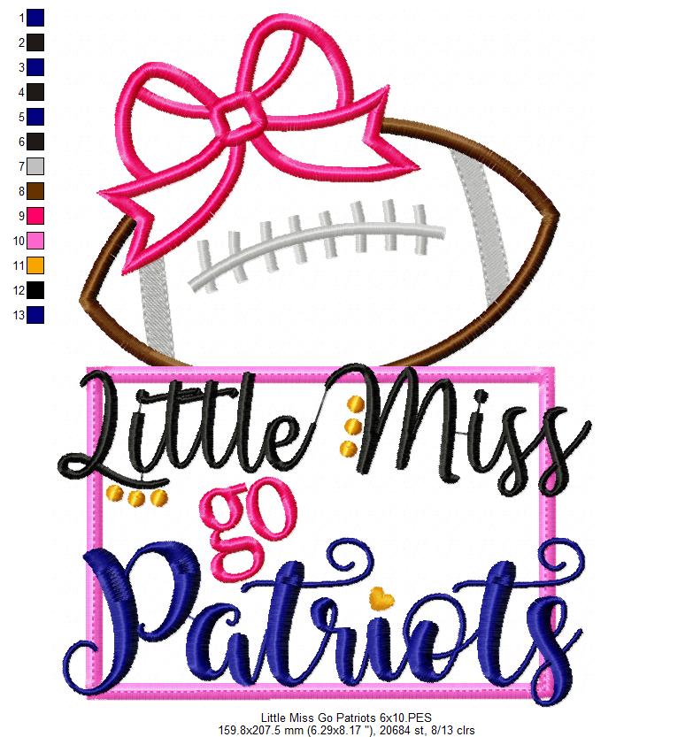 Little Miss Go Patriots Football – Appliqué – Machine Embroidery Design