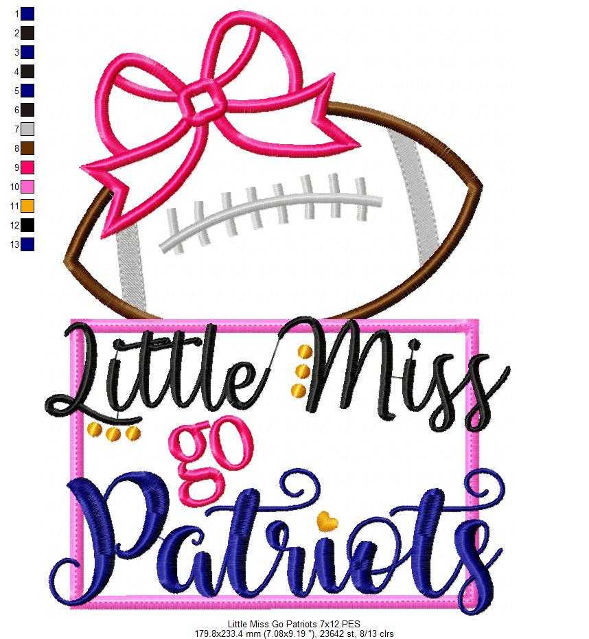 Little Miss Go Patriots Football – Appliqué – Machine Embroidery Design