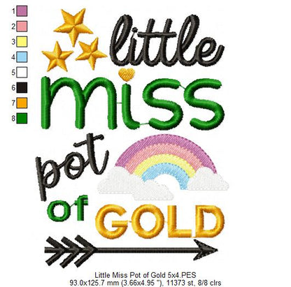 Little Miss Pot of Gold – Fill Stitch – Machine Embroidery Design