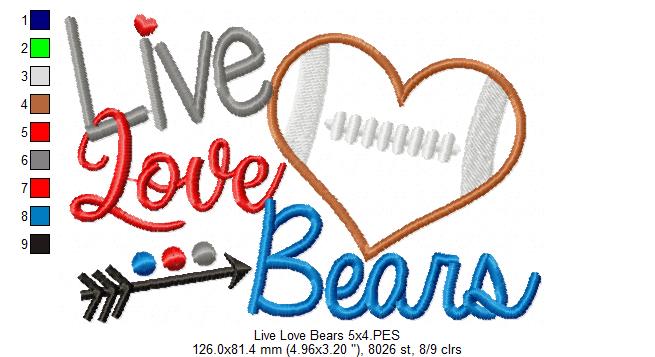 Football Live Love Bears - Applique