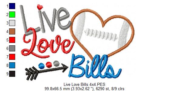 Live Love Bills Football Heart – Appliqué – Machine Embroidery Design