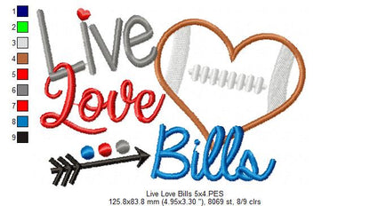 Live Love Bills Football Heart – Appliqué – Machine Embroidery Design