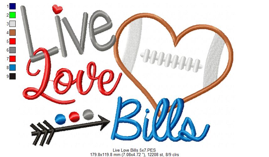 Live Love Bills Football Heart – Appliqué – Machine Embroidery Design