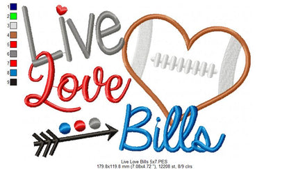 Live Love Bills Football Heart – Appliqué – Machine Embroidery Design