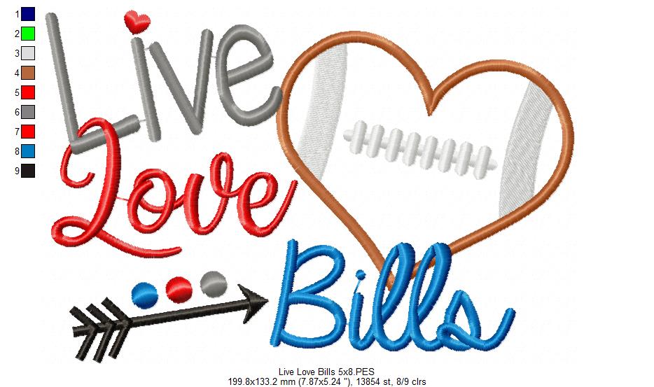 Live Love Bills Football Heart – Appliqué – Machine Embroidery Design