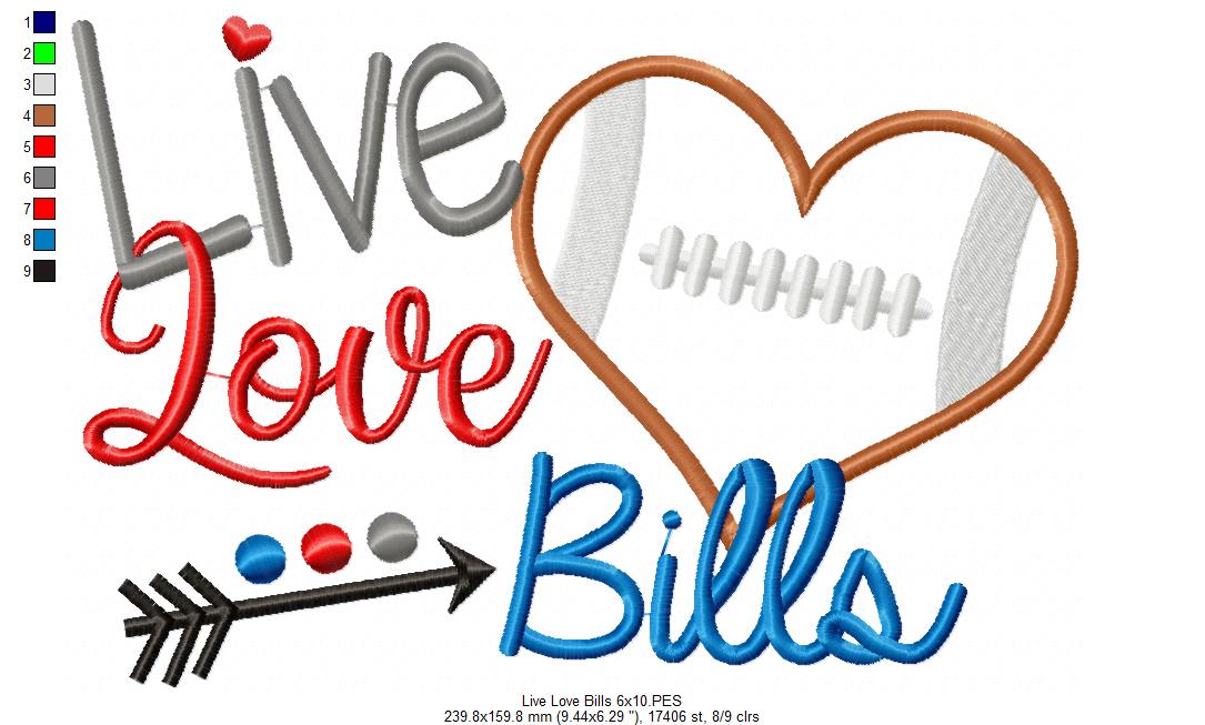Live Love Bills Football Heart – Appliqué – Machine Embroidery Design