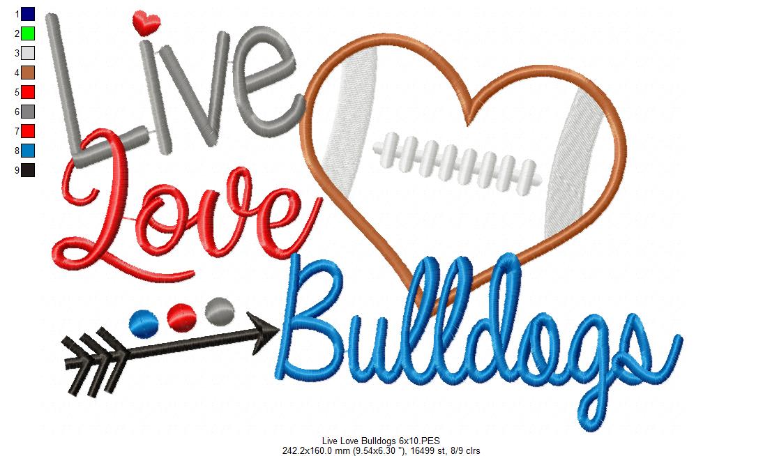 Live Love Bulldogs - Appliqué - Machine Embroidery Design