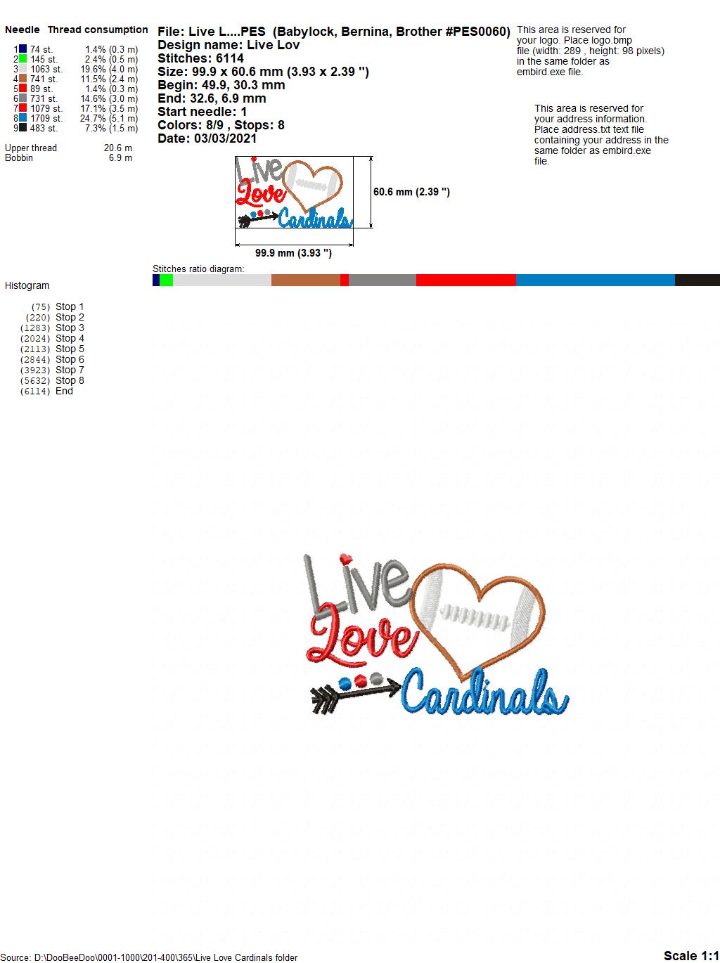 Live Love Cardinals Football Heart – Appliqué – Machine Embroidery Design