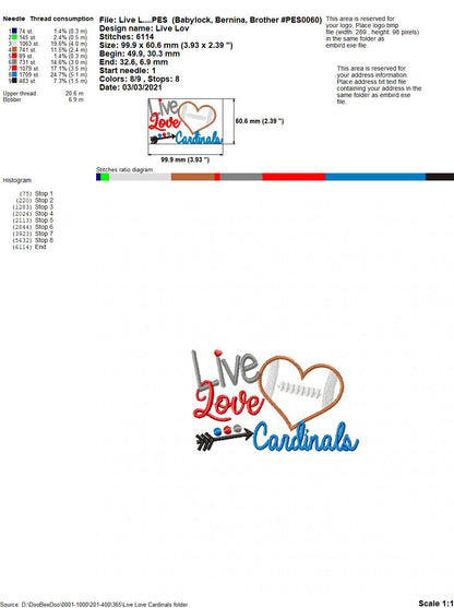Live Love Cardinals Football Heart – Appliqué – Machine Embroidery Design