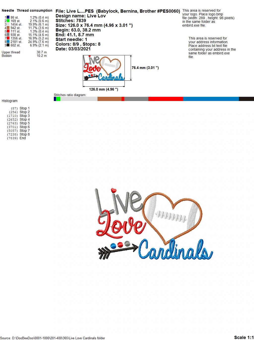 Live Love Cardinals Football Heart – Appliqué – Machine Embroidery Design