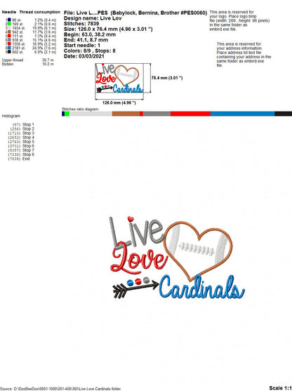 Live Love Cardinals Football Heart – Appliqué – Machine Embroidery Design
