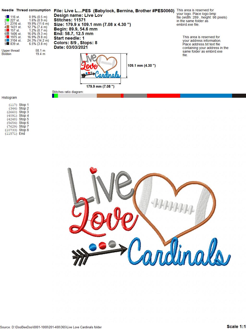 Live Love Cardinals Football Heart – Appliqué – Machine Embroidery Design
