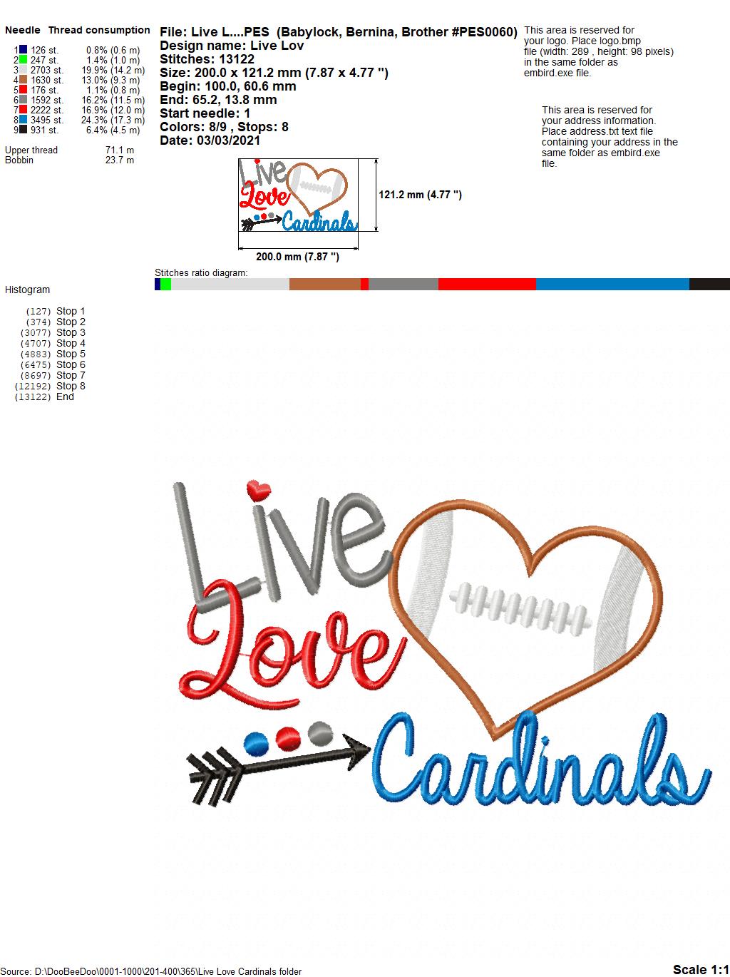 Live Love Cardinals Football Heart – Appliqué – Machine Embroidery Design