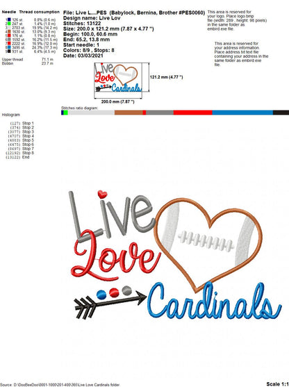 Live Love Cardinals Football Heart – Appliqué – Machine Embroidery Design