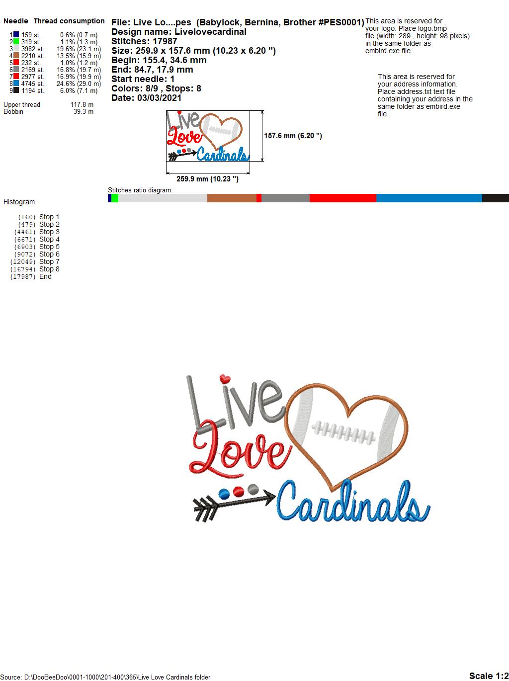 Live Love Cardinals Football Heart – Appliqué – Machine Embroidery Design