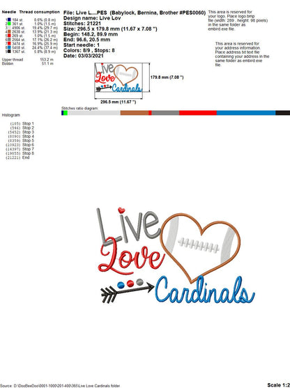 Live Love Cardinals Football Heart – Appliqué – Machine Embroidery Design