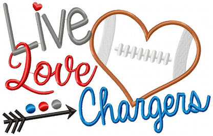 Live Love Chargers Football – Appliqué – Machine Embroidery Design