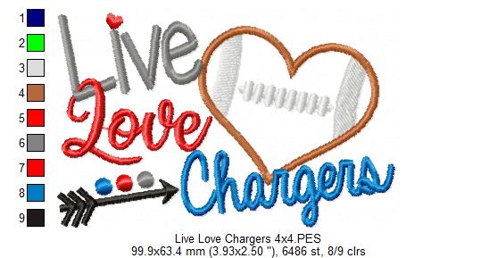 Live Love Chargers Football – Appliqué – Machine Embroidery Design
