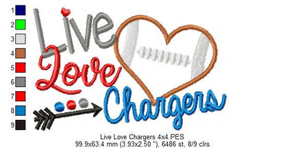 Live Love Chargers Football – Appliqué – Machine Embroidery Design