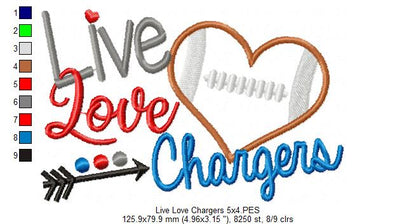 Live Love Chargers Football – Appliqué – Machine Embroidery Design