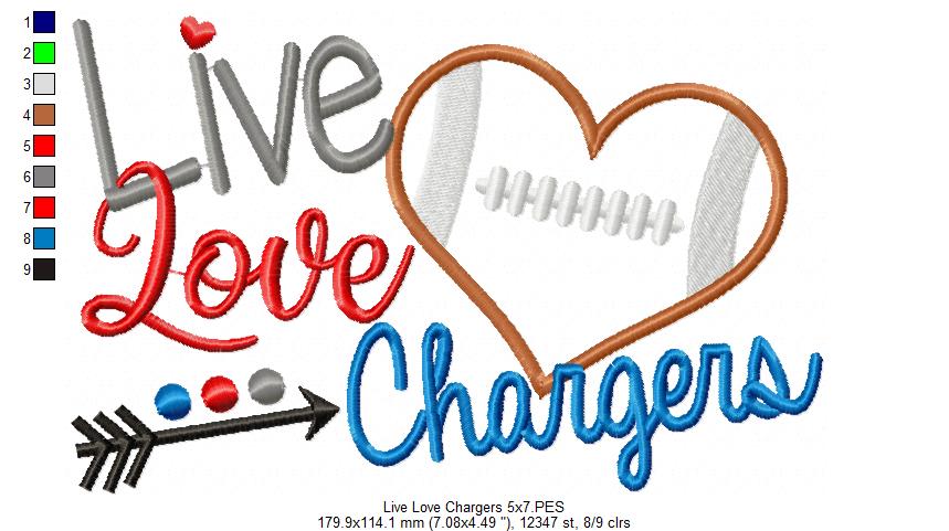 Live Love Chargers Football – Appliqué – Machine Embroidery Design