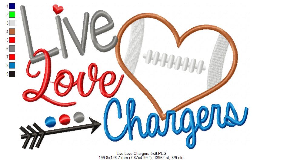 Live Love Chargers Football – Appliqué – Machine Embroidery Design
