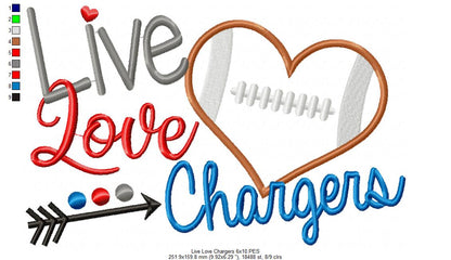 Live Love Chargers Football – Appliqué – Machine Embroidery Design