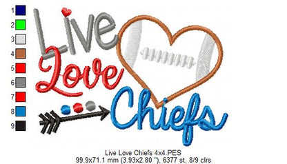 Live Love Chiefs Football Heart – Appliqué – Machine Embroidery Design