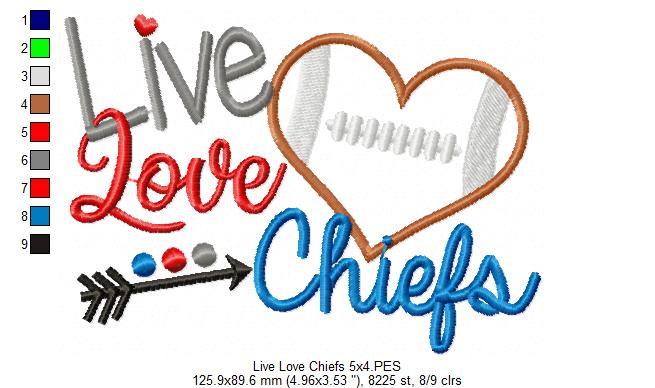 Live Love Chiefs Football Heart – Appliqué – Machine Embroidery Design