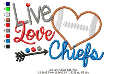 Live Love Chiefs Football Heart – Appliqué – Machine Embroidery Design