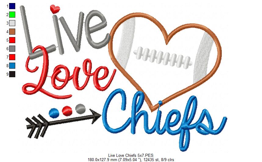 Live Love Chiefs Football Heart – Appliqué – Machine Embroidery Design