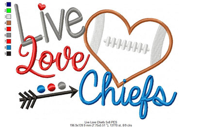 Live Love Chiefs Football Heart – Appliqué – Machine Embroidery Design