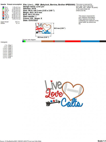 Football Live Love Colts - Applique